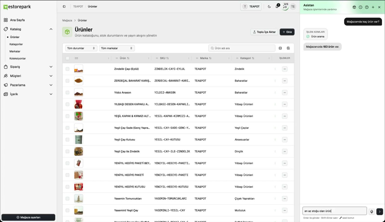 Estorepark yönetim paneli ve Türkçe asistan: 'Mağazamda kaç ürün var?' komutuna asistanın '183 ürün var' yanıtı